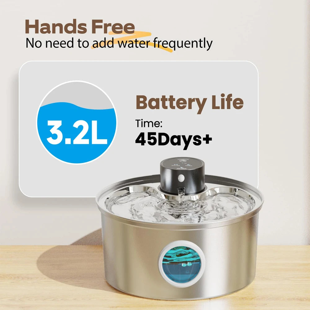 3.2L Stainless Steel Durable Automatic Sensor Cat Water Fountain Filtration System 5V USB Charging Solid Pattern for Multi Cats