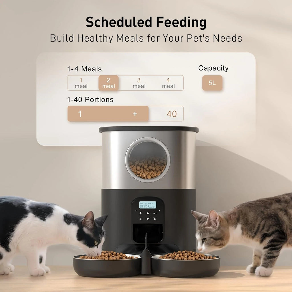 5L Automatic Cat Feeders for Two Cats Stainless Steel 2 Bowls Pet Feeder for Cats Dogs Timed Cat Feeder Pet Dry Food Dispenser