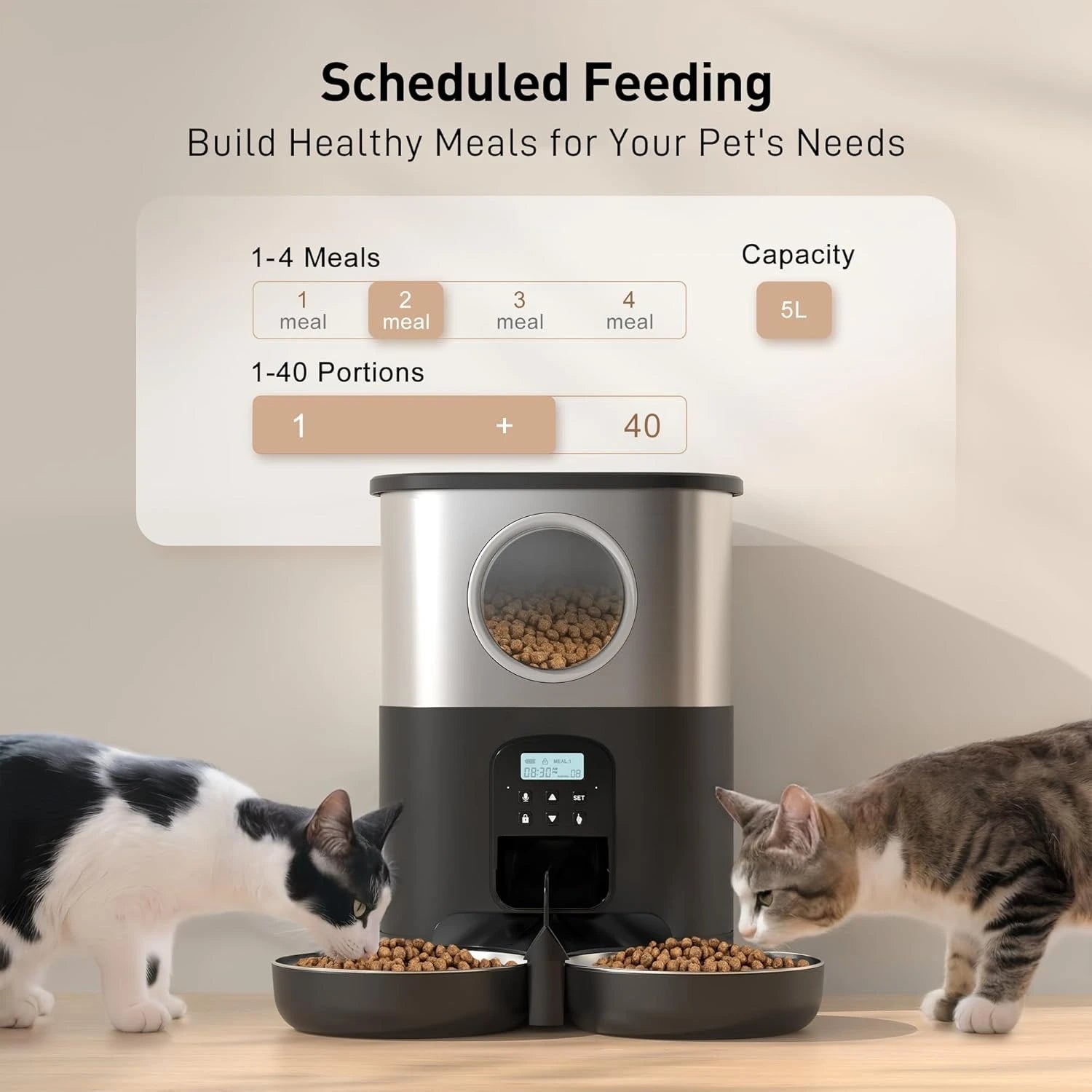 5L Automatic Cat Feeders for Two Cats Stainless Steel 2 Bowls Pet Feeder for Cats Dogs Timed Cat Feeder Pet Dry Food Dispenser