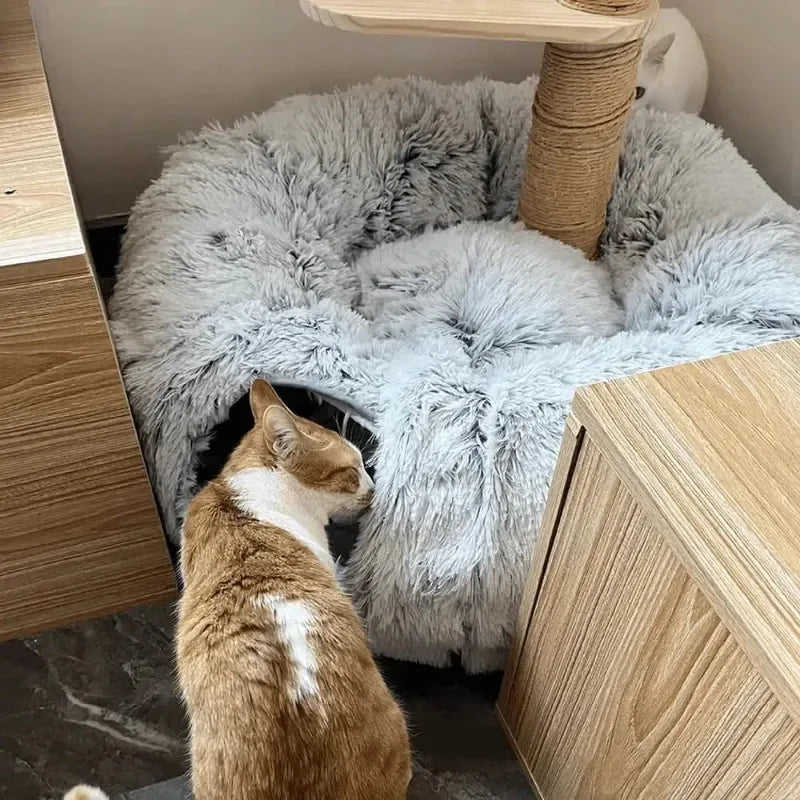 Plush Cat Bed with Tunnel for Indoor Multifunctional Cat Tunnel Bed with Fluffy Plush Donut Cat Tunnel