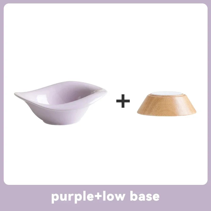 Raised Tilted Cat Food Water Bowl Pet Dog Elevated Drinking Eating Bowls with Wooden Stand Puppy Kitten Feeding Ceramic Cat Bowl