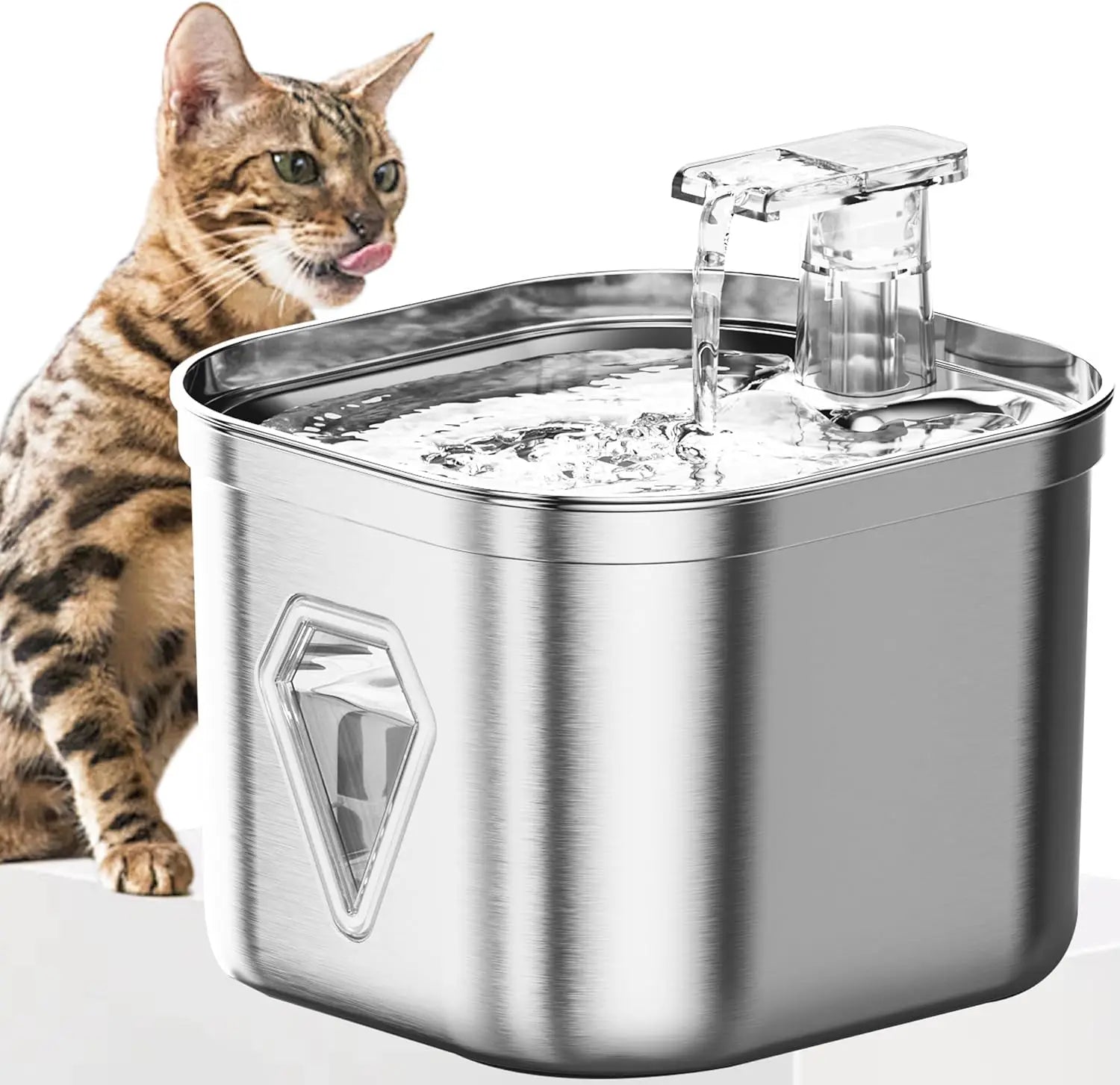 2.5L OEM Stainless Steel Automatic Pet Water Fountain for Cat Water Dispenser with Diamond Shape Water Level Window Cat Products