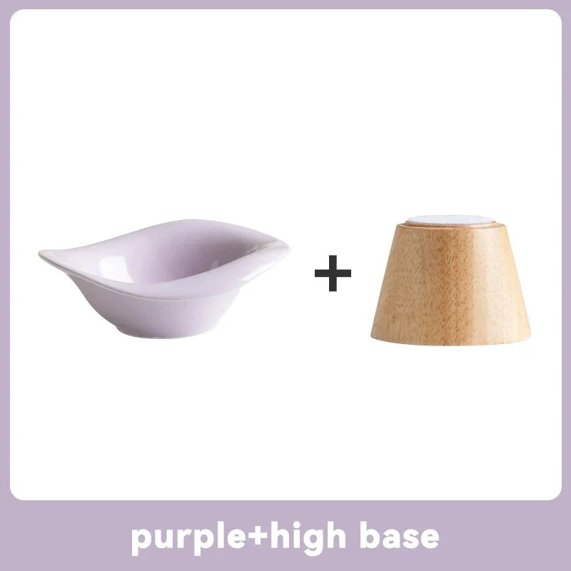 Raised Tilted Cat Food Water Bowl Pet Dog Elevated Drinking Eating Bowls with Wooden Stand Puppy Kitten Feeding Ceramic Cat Bowl