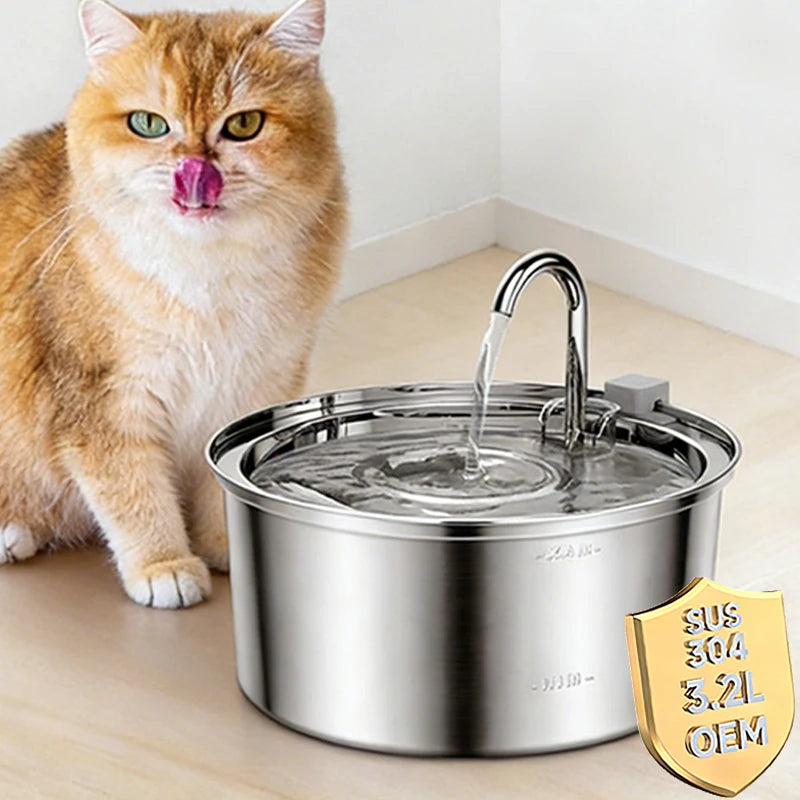 3.2L Automatic Cat Water Fountain Stainless Steel Pet Water Dispenser Filtration System Ultra-Quiet Pump