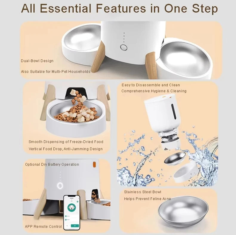 OEM 5L Automatic Pet Feeder Smart Dog Cat Food Dispenser WiFi Enabled Dual Stainless Steel Bowls with Time Settiming