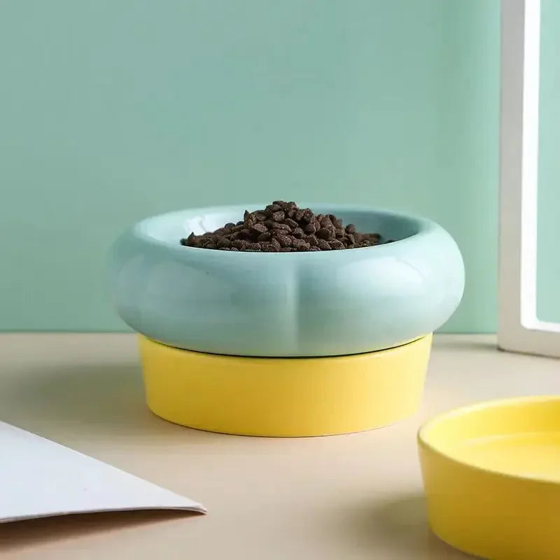 Cute Dual-Grain Ceramic Cat Bowl Anti-Overturning Can Head Plate Double-Layer Food & Water Bowl for Pets & Dogs