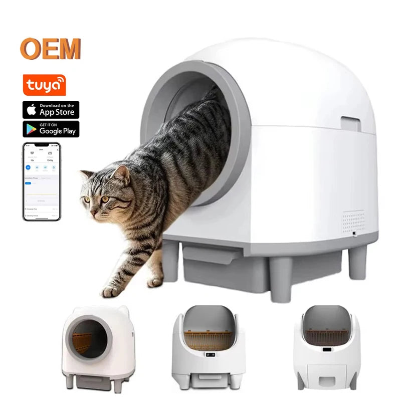 Self Cleaning Plastic Smart Litter Box for Multiple Cats 80L Automatic APP Control Odor Removal Safety