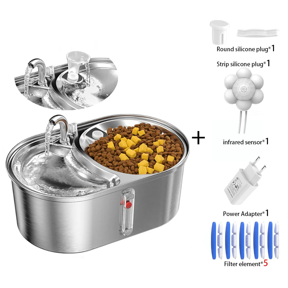 3L Cat Water Fountain with Food Storage Dog Feeder Two Bowls Stainless Steel Smart Cat Water Drinking Bowl Pet Water Dispenser