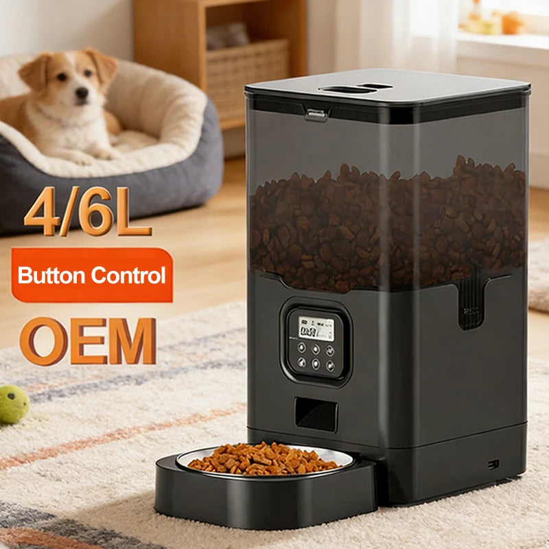 OEM 4L/6L Smart Pet Feeder Timed Cat Dry Food Dispenser Button Control Voice Recorder Smart Dog Feeder with Stainless Steel Bowl