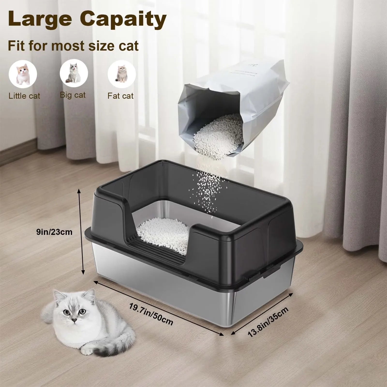 Custom Semi-Enclosed Stainless Steel Cat Litter Box Large Cat Toilet for Large Cats Easy Clean Metal Litter Pan Anti-Leakage