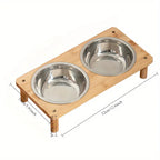 3 Bowls Natural Bamboo Elevated Cat Feeder Set with 3 Stainless Steel Bowls Anti-Vomiting Design for Indoor Pet Feeder