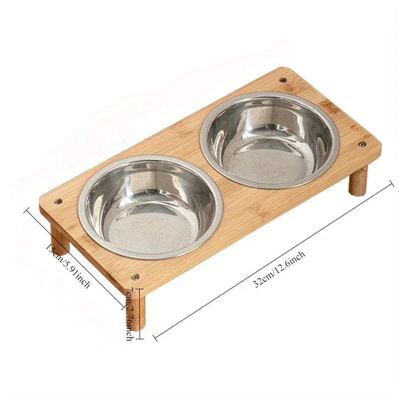 3 Bowls Natural Bamboo Elevated Cat Feeder Set with 3 Stainless Steel Bowls Anti-Vomiting Design for Indoor Pet Feeder