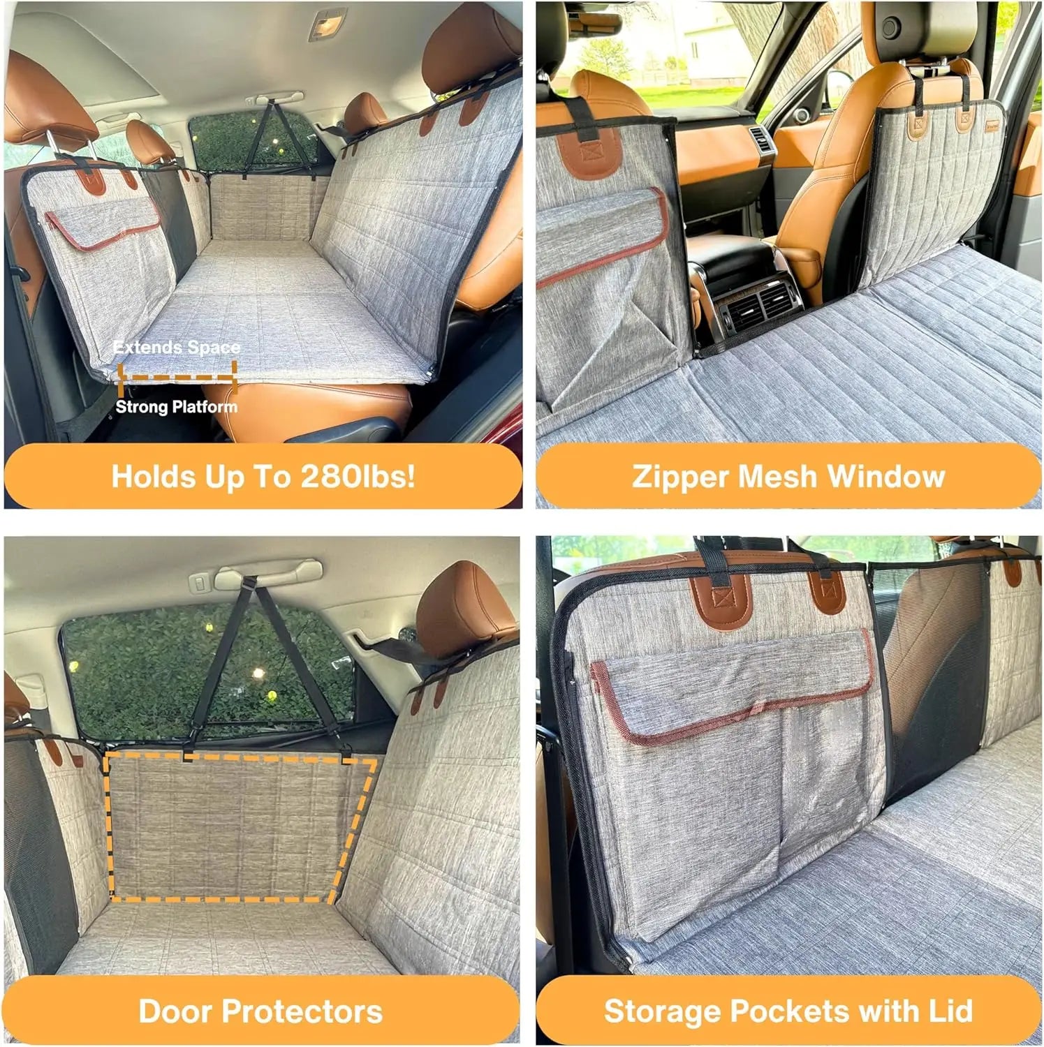 Backseat Extender for Dogs Waterproof Hard Bottom Dog Car Seat Cover with Door Covers Seat Extender with Mesh Window and Storage