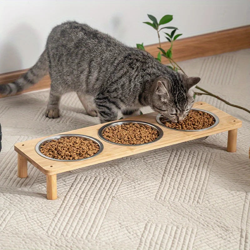 3 Bowls Natural Bamboo Elevated Cat Feeder Set with 3 Stainless Steel Bowls Anti-Vomiting Design for Indoor Pet Feeder