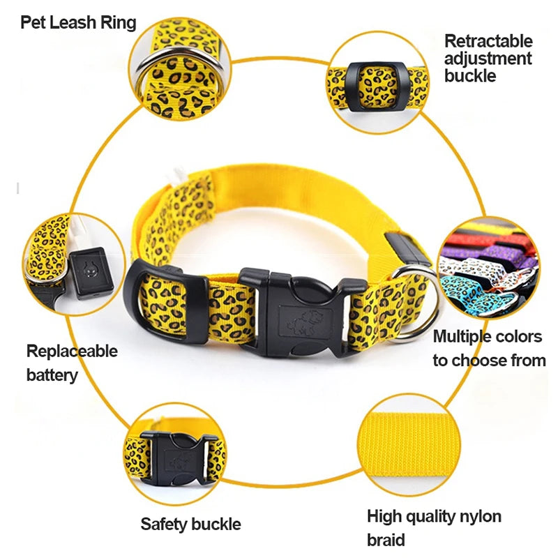 Adjustable Nylon LED Dog Collar Luminous Leopard Print Glowing Lights Electronic Pet Collars Night Safety Flashlight LED Collars