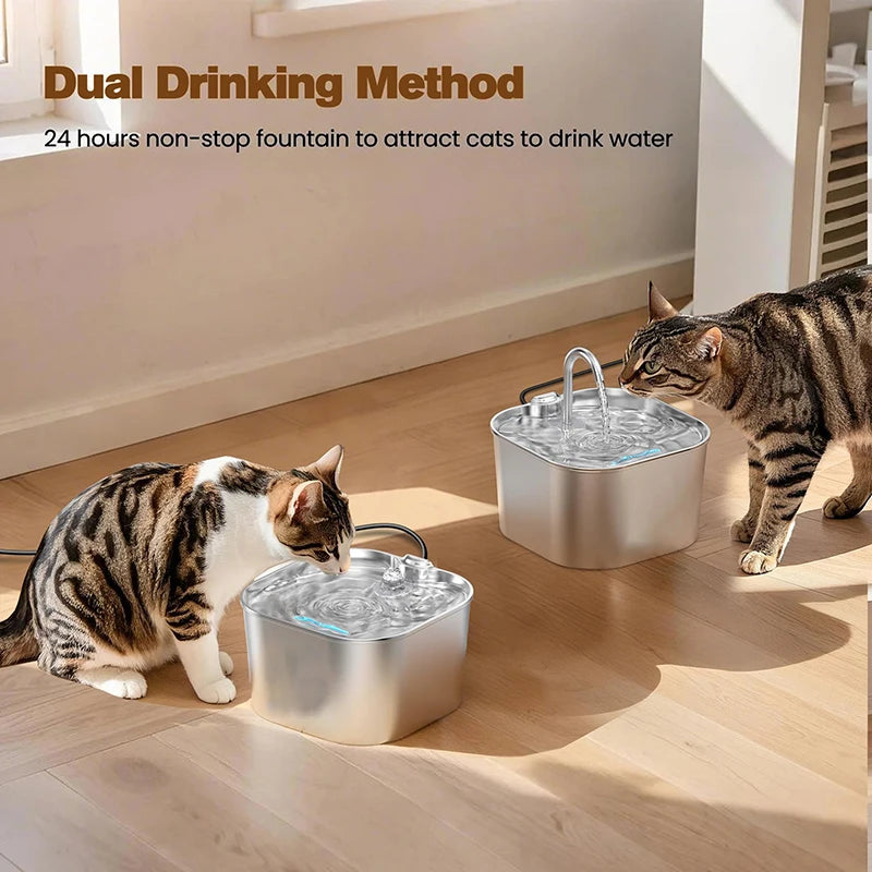 2025 New 2.2L Stainless Steel Cat Water Fountain Pet Water Dispenser Cat Water Dispenser Dual Drinking Cat Feeder