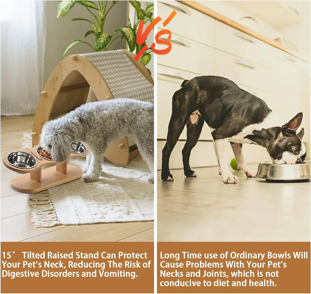 Elevated Dog Bowls Raised 15 Degree Pet Bowls for Cats Small Dogs Raised Wooden Dog Food Feeder with 3 Stainless Steel Pet Bowls