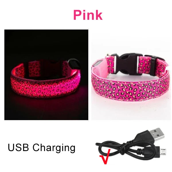 Adjustable Nylon LED Dog Collar Luminous Leopard Print Glowing Lights Electronic Pet Collars Night Safety Flashlight LED Collars