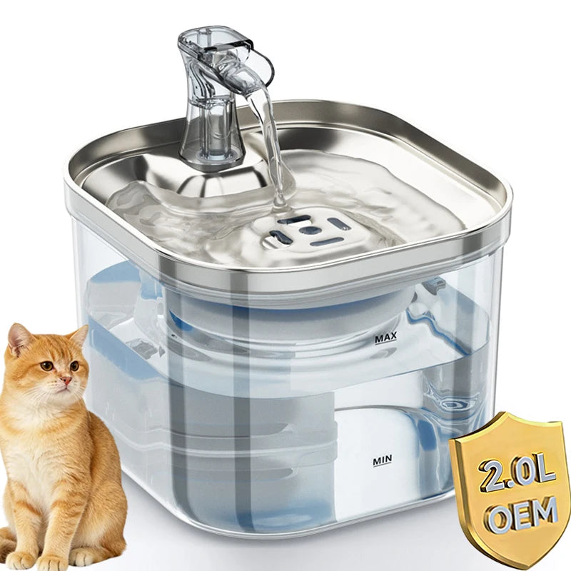 2L Transparent Automatic Cat Water Fountain 304 Stainless Steel Cat Fountain Pet Water Dispenser with Filters