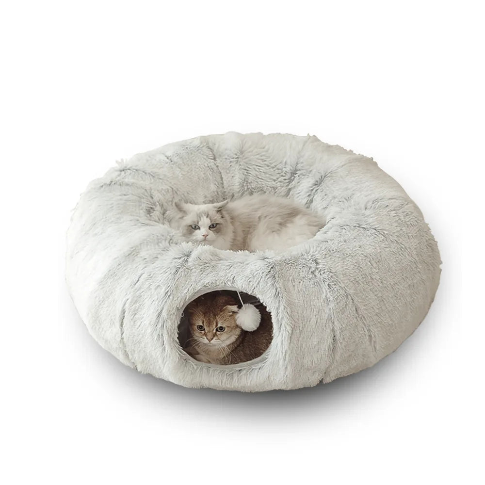Plush Cat Bed with Tunnel for Indoor Multifunctional Cat Tunnel Bed with Fluffy Plush Donut Cat Tunnel