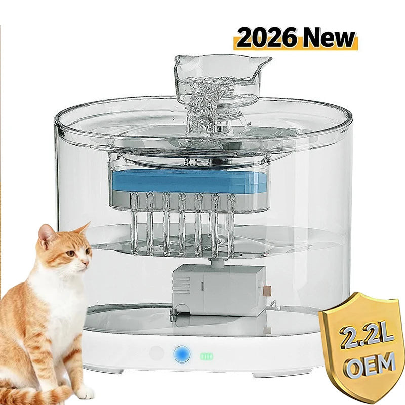 2026 OEM 2.2L Automatic Cat Water Fountain Battery Smart Pet Water Dispenser Cat Drinking Feeder Transparent Pet Water Fountain