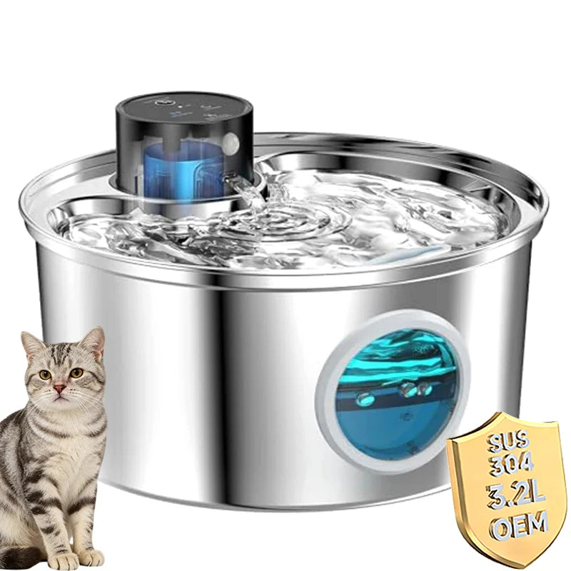 3.2L Stainless Steel Durable Automatic Sensor Cat Water Fountain Filtration System 5V USB Charging Solid Pattern for Multi Cats