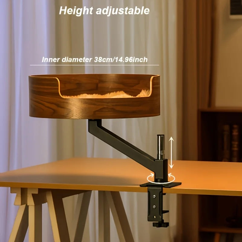 Elegant 360 Degree Rotating Adjustable Cat Desk Bed Aluminum Alloy Arm Curved Wood Basin Summer Soft Cushion for 35LBS Cats