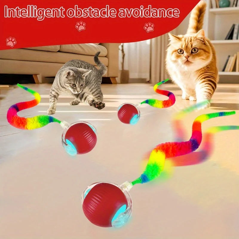 Automatic Rolling Cat Ball Toy with LED Lights Colorful Tail USB Rechargeable Fits All Cat Sizes Indoor Interactive Cat Toy