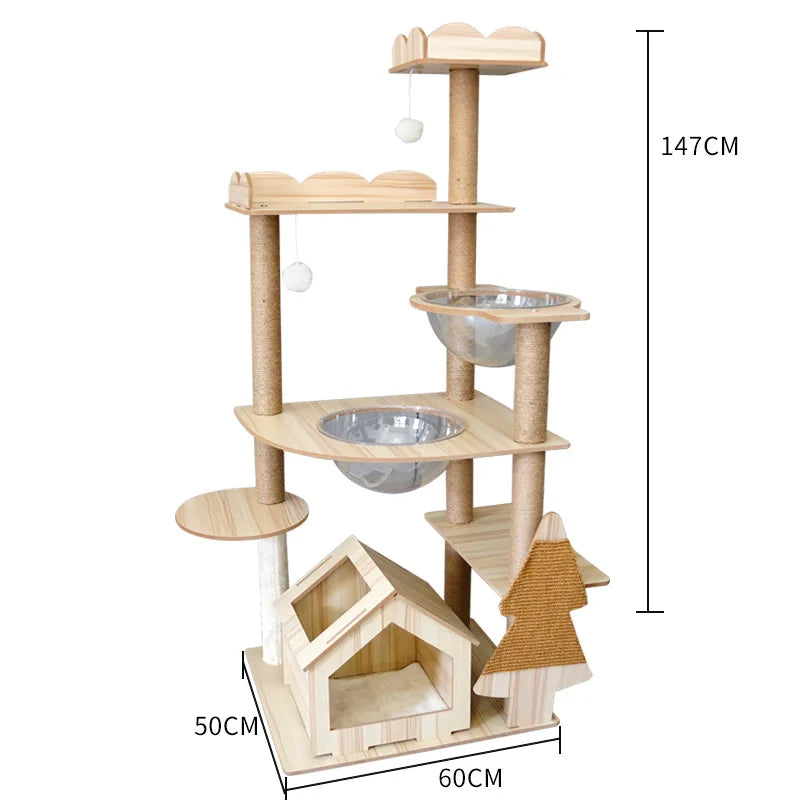 Eco-Friendly Cat Scratcher Tower with Sisal Posts and Wood Frame Cat Toys Tree Hammock Climbing Frame Carton Packed