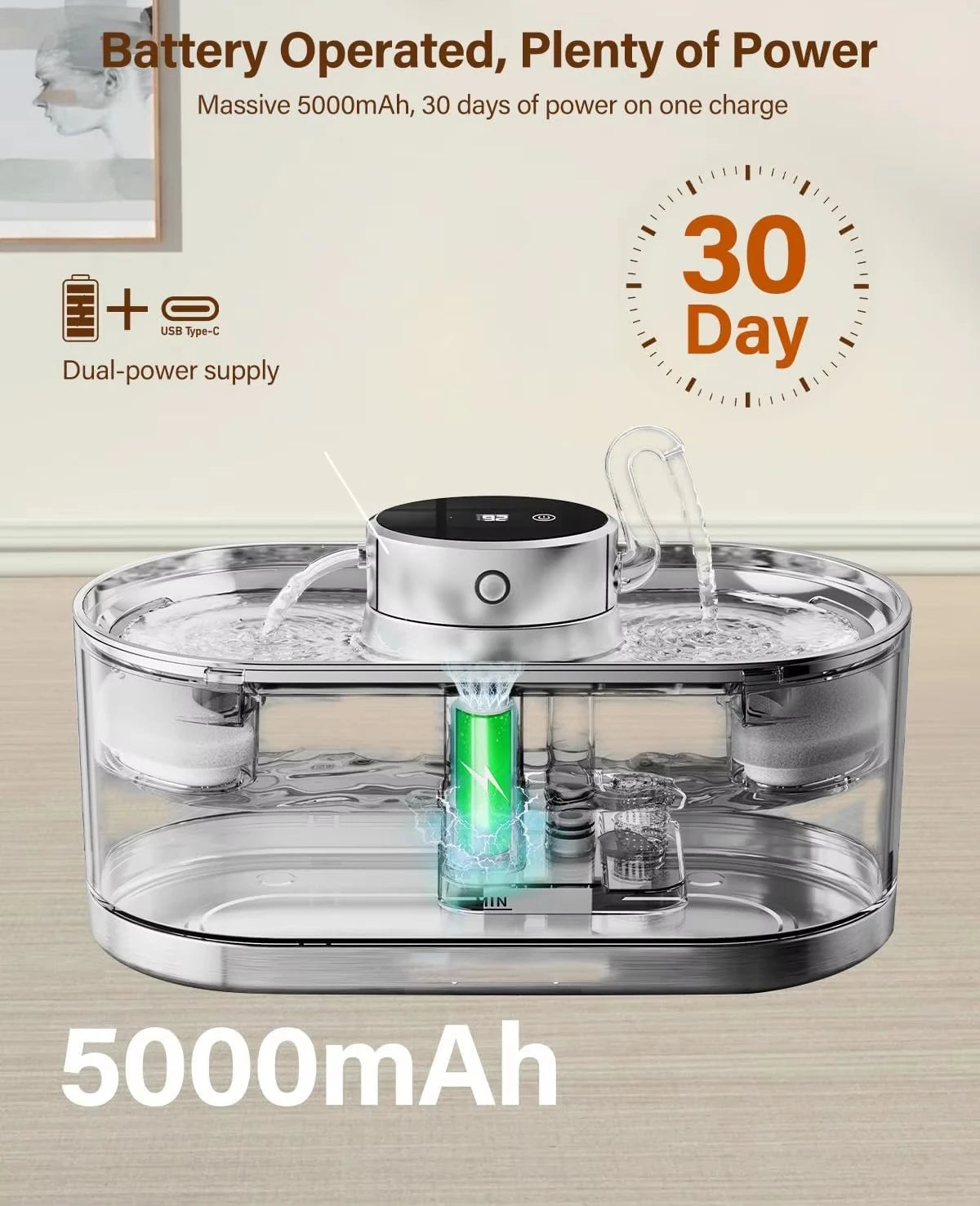 OEM 3L Automatic Pet Water Fountain Stainless Steel Cat Water Fountain USB 5000mah Transparent Drinker Feeder Water Dispenser