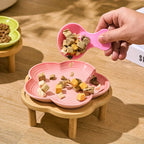 Gradient Color Ceramic Cat Bowl with Plum Blossom Design and Wooden Stand Anti-Slip Cat & Dog Feeding Dish for Neck Protection