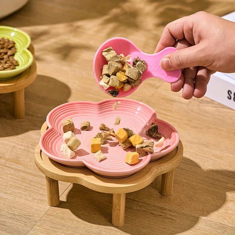 Gradient Color Ceramic Cat Bowl with Plum Blossom Design and Wooden Stand Anti-Slip Cat & Dog Feeding Dish for Neck Protection