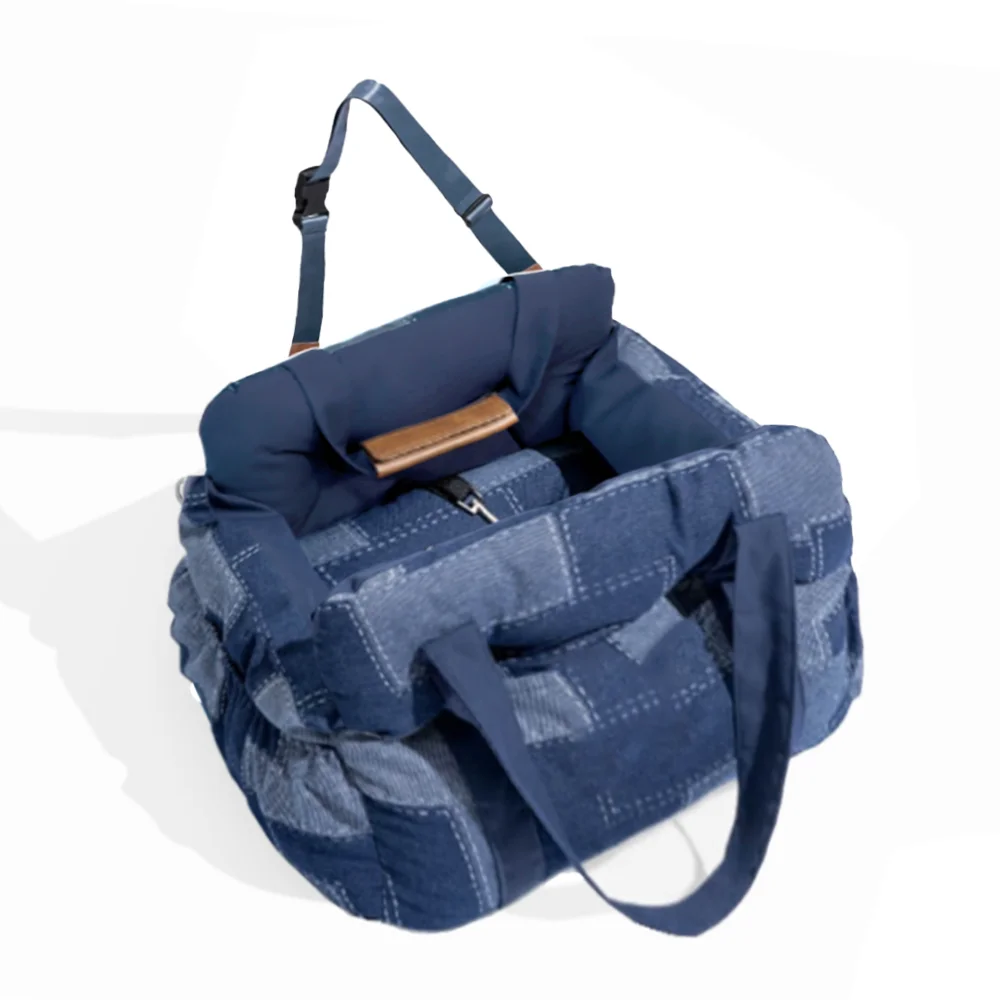 Travel Safety Bolster Vintage Denim Patchwork Dog Car Seat Bed with Safety Buckle Customized LOGO Luxury Dog Beds Pet Car Seat