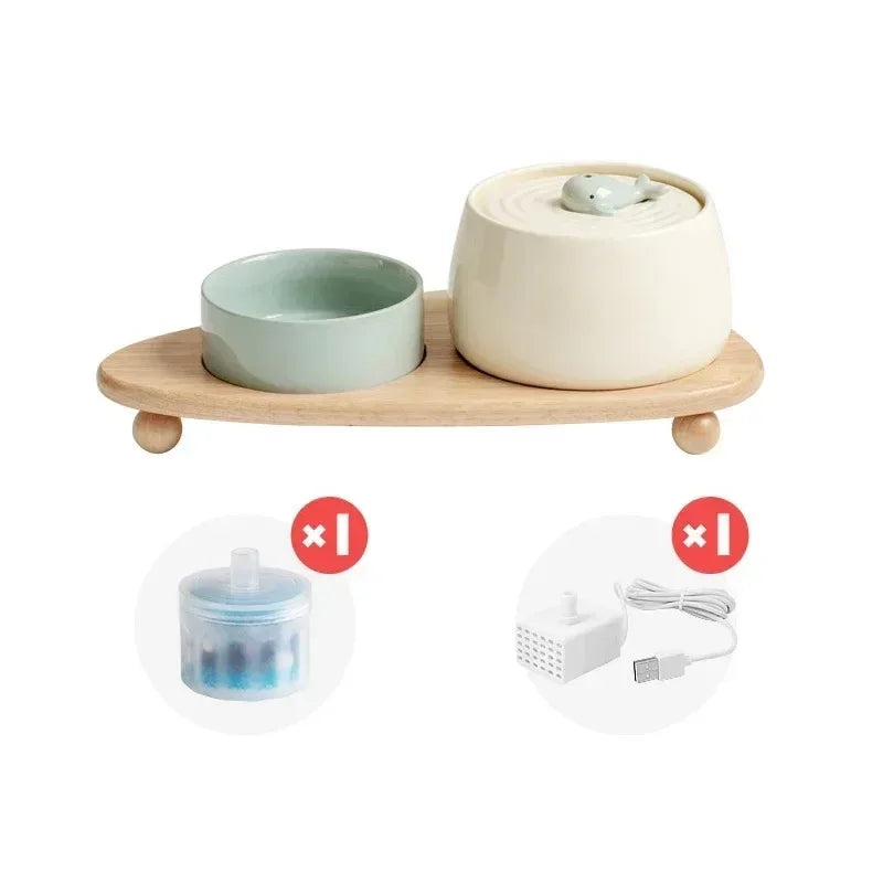1300ml Ceramic Cat Water Fountain USB Charging Pet Drinker with Filter Automatic Cat Dog Water Dispenser with Wooden Stand Bowls