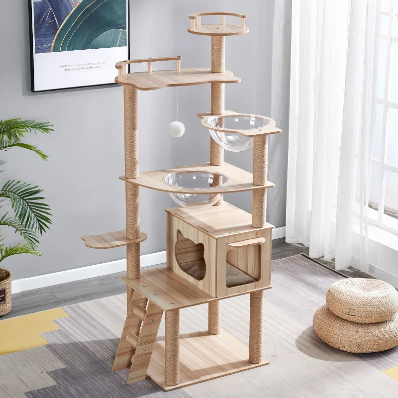 Eco-Friendly Cat Scratcher Tower with Sisal Posts and Wood Frame Cat Toys Tree Hammock Climbing Frame Carton Packed