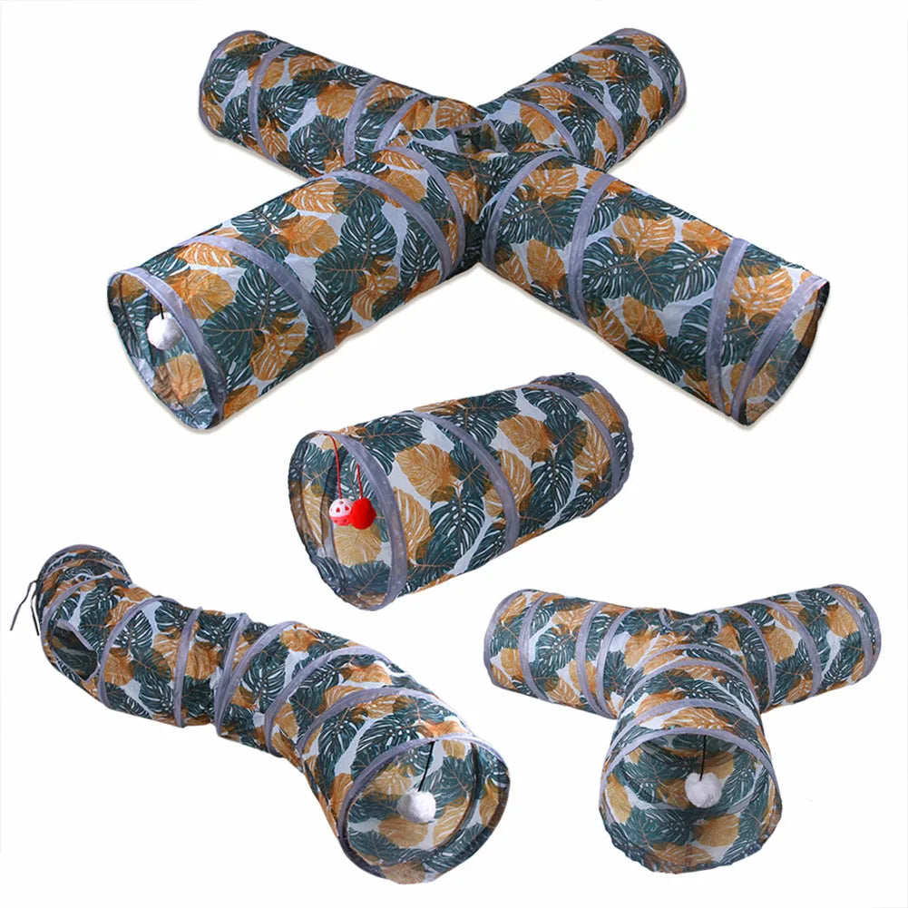 Print Cat Tunnel Tube Collapsible Foldable Cat Kitten Rabbit Play Tunnel Toys Training Interactive Funny Pet Supplies 2/3/4 Ways