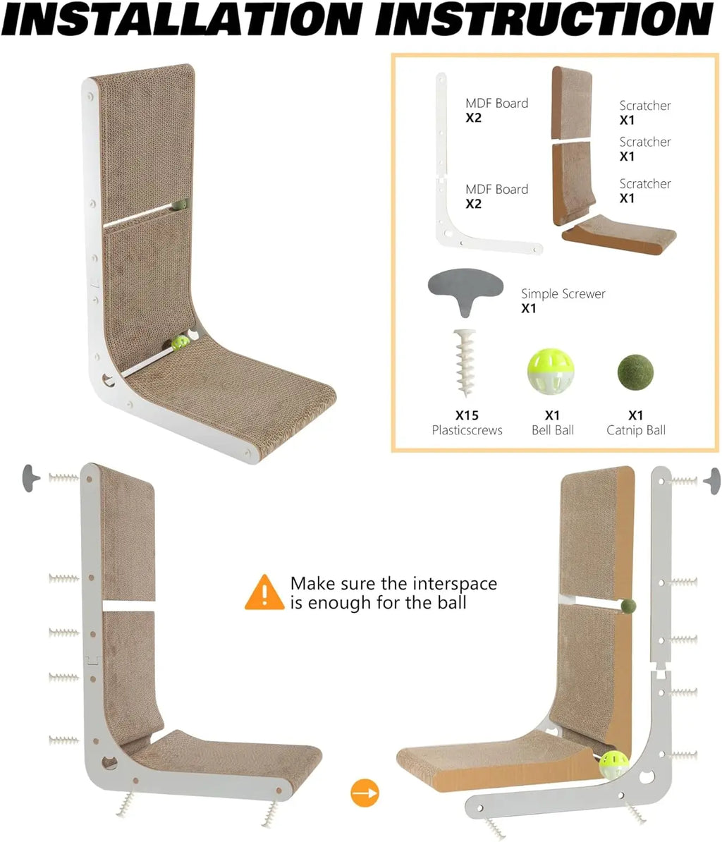 Cardboard Cat Scratcher Vertical Cat Scratching Board L-Shape Indoor Cat Scratch Pads with Built-in Catnip Toy Balls Wall-Mount