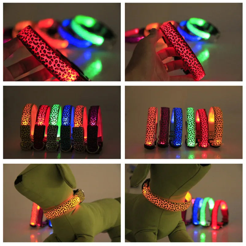 Adjustable Nylon LED Dog Collar Luminous Leopard Print Glowing Lights Electronic Pet Collars Night Safety Flashlight LED Collars