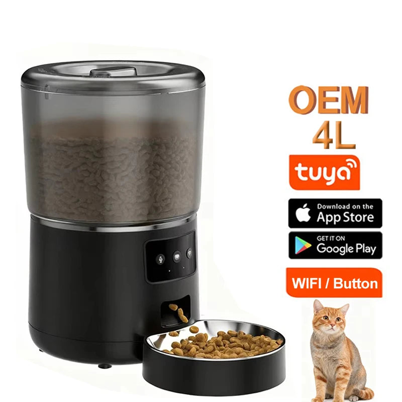 4L Automatic Cat Feeder Stainless Steel Smart WIFI APP Controlled with LCD Display and Time Setting Smart Pet Feeder