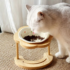 Ceramic Cat Bowl with Wooden Floral Stand Elevated Anti-Slip Pet Feeding Dish Thickened Cute Pet Bowl Set for Cat & Dog