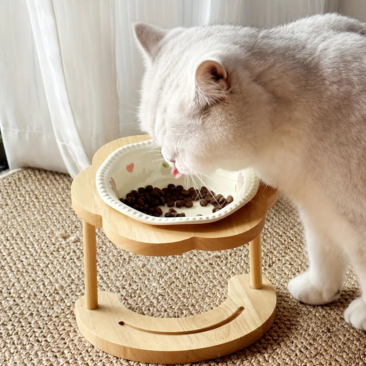 Ceramic Cat Bowl with Wooden Floral Stand Elevated Anti-Slip Pet Feeding Dish Thickened Cute Pet Bowl Set for Cat & Dog