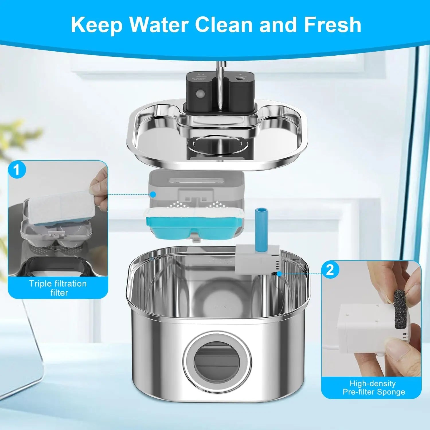 6pcs Cat Water Fountain Filters for 108oz/3.2L Wireless Cat Water Fountain Battery Operated Stainless Steel Pet Fountain