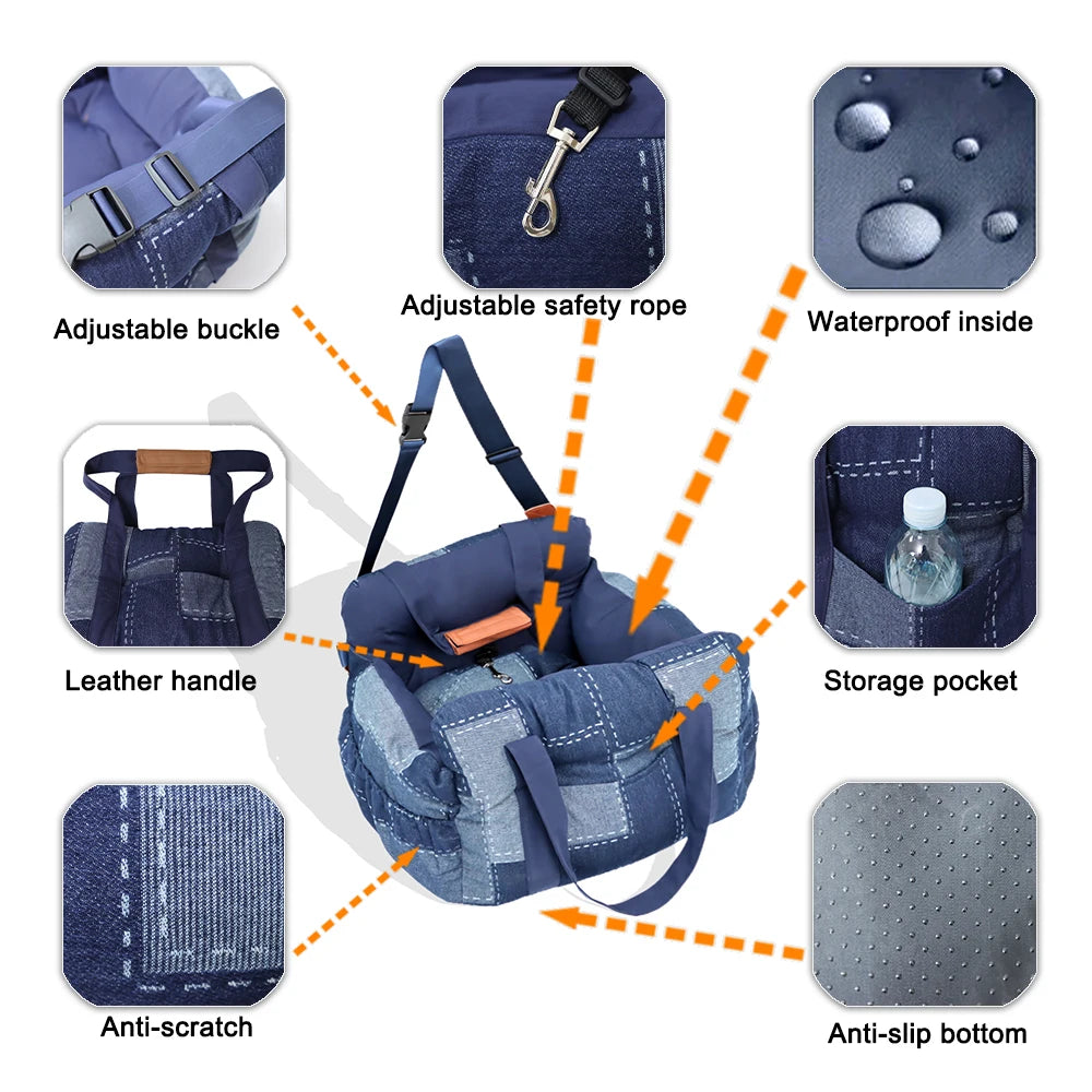 Travel Safety Bolster Vintage Denim Patchwork Dog Car Seat Bed with Safety Buckle Customized LOGO Luxury Dog Beds Pet Car Seat