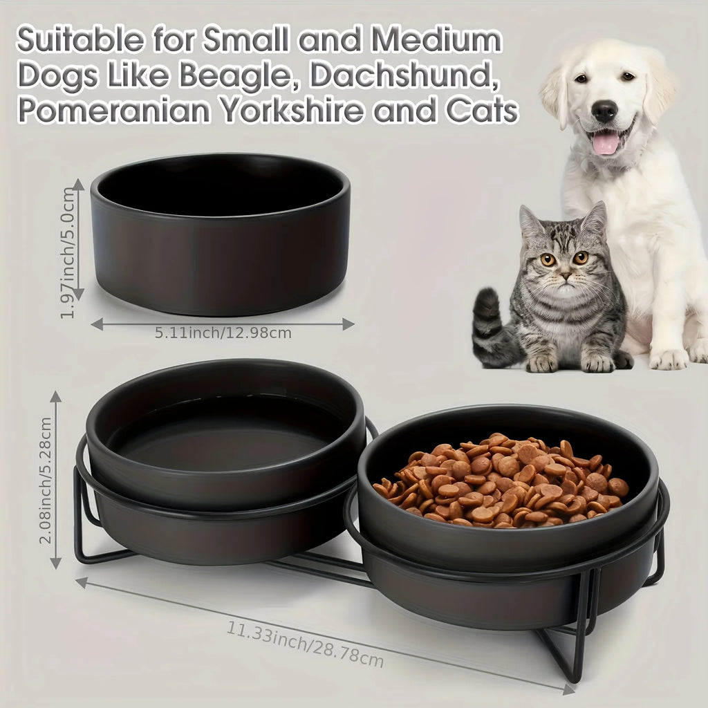 Ceramic Dog Bowls Set Stainless Steel Pet Feeder with Holder Double Bowls for Cats and Small Dogs
