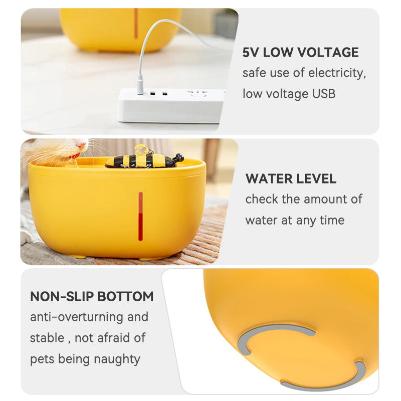 Cute Bee USB Charging Cat Water Fountain Automatic Electronic Pet Water Dispenser Bowl with Filter Cats Dogs Drinking Feeder 2L