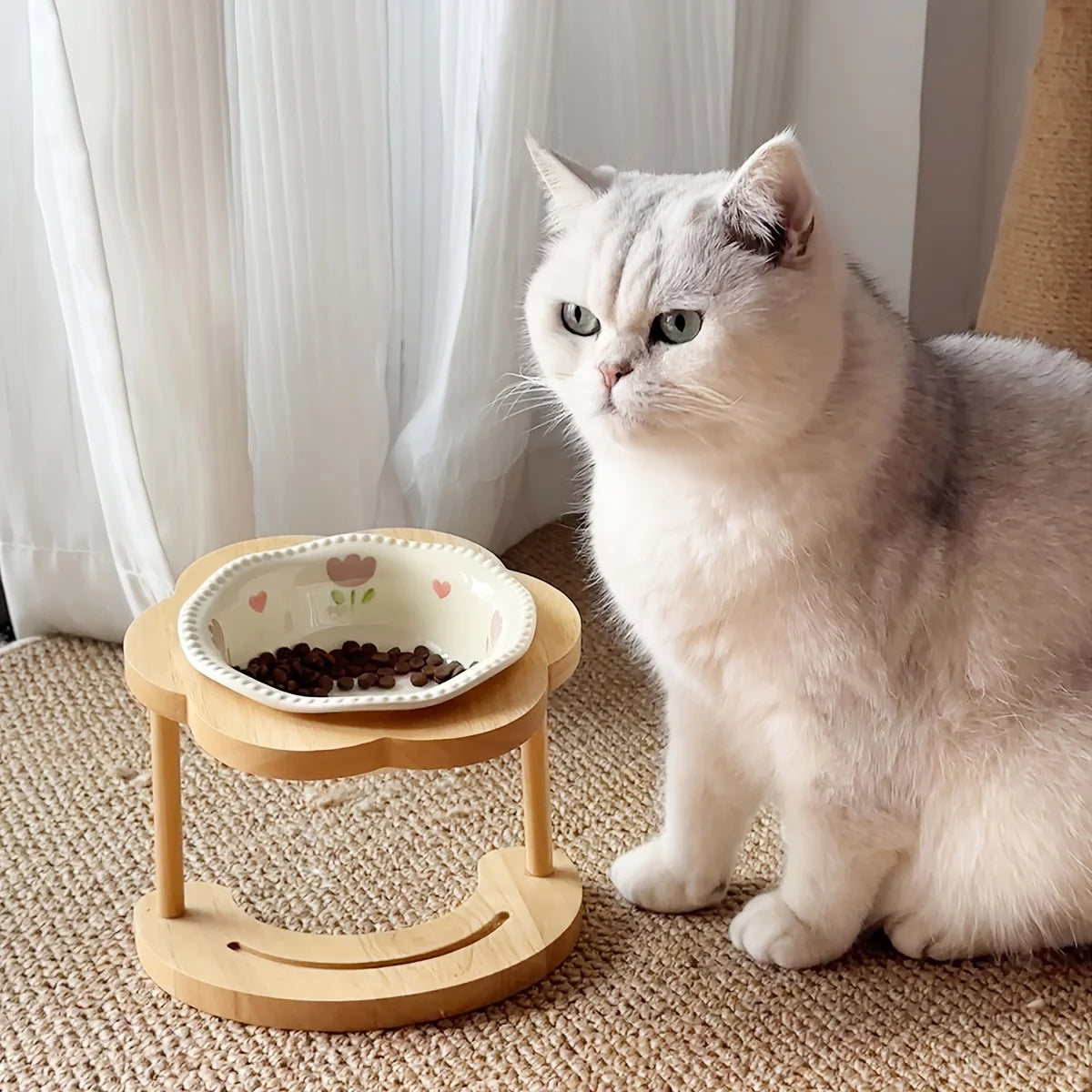 Ceramic Cat Bowl with Wooden Floral Stand Elevated Anti-Slip Pet Feeding Dish Thickened Cute Pet Bowl Set for Cat & Dog