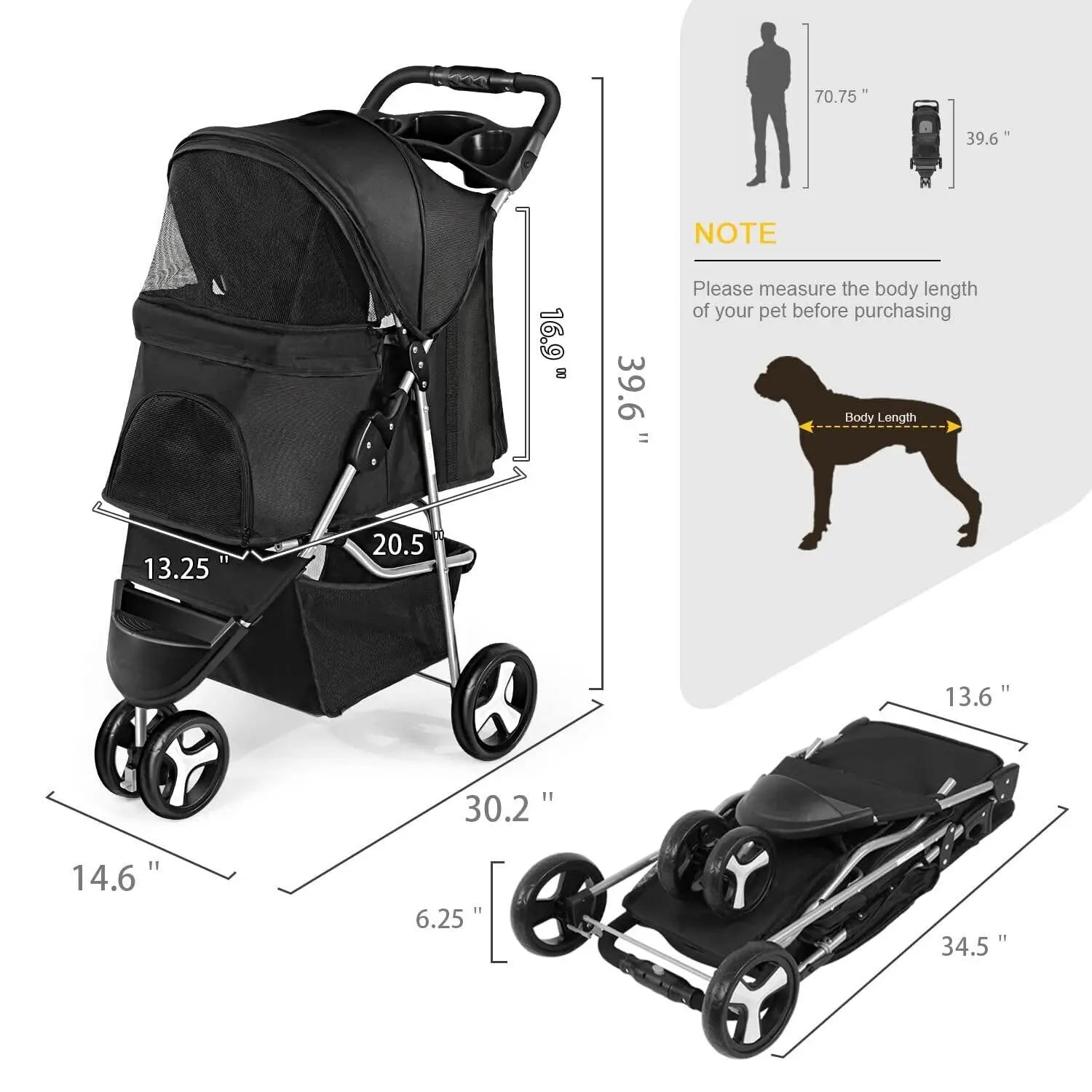 Dog Stroller Pet Trrolley for Small Medium Dogs Cats Foldable Dog Jogging Cage Travel Carrier with Cup Holder and Storage Basket