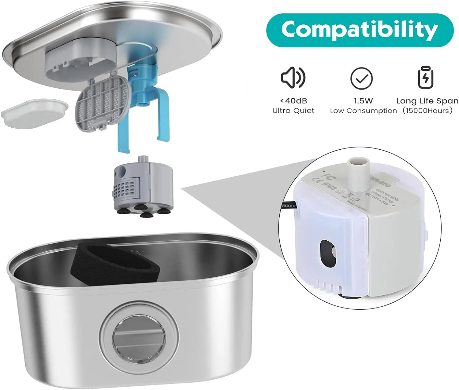 Ultra Quiet Automatic Cat Water Fountain Pump for LED Light 3.2L Smart Pet Water Fountain Replacement Pump