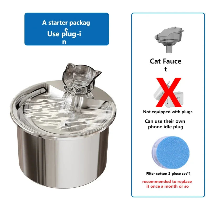 OEM 2L Stainless Steel Automatic Filter Cat Water Fountain Pet Water Dispenser Smart Pet Drinking Fountain With Faucet Drinker