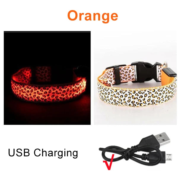Adjustable Nylon LED Dog Collar Luminous Leopard Print Glowing Lights Electronic Pet Collars Night Safety Flashlight LED Collars